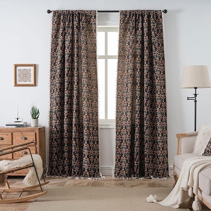 ENJOYBRIDAL Floral 63 Inch Curtains 2 Panel Set Boho Jacquard Drapes Short Black Living Room Semi Sheer Window Curtains Cottagecore Farmhouse Bedroom Chic Decor Rod Pocket Tassel Window Treatments