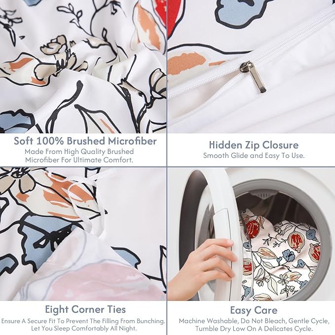 LONAVA King Flower 3 Pcs Duvet Cover Set, Breathable Soft Microfiber White Lining Comforter Cover with Zipper Closure, and 2 Anti-Pilling, Fade Resistant Pillowcases, Red Bud