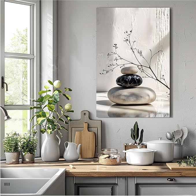 Gray and black stone pile and dried flowers poster canvas wall art in harmony Minimalist wall art for tranquil homes and mindful spaces 28x40in Wood Framed