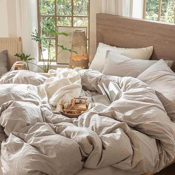 MooMee Wavy Striped Duvet Cover Set 100% Washed Cotton Linen Like Textured Breathable Durable Soft Comfy (Beige, Oversized King Plus 128"x120")