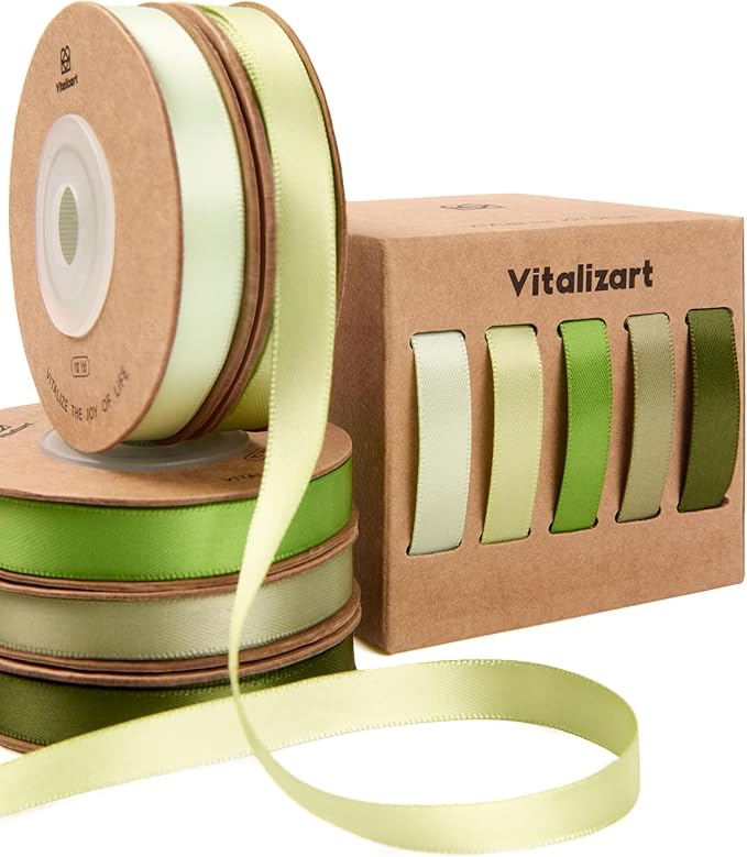 Vitalizart Green Ribbons for Crafts 3/8" x 50 Yd Satin Ribbon Double Face Gift Wrapping Silk Like Fabric Flower Bouquet Birthday Party Decorations Bridal Shower Wreath Hair Continuous Dark Sage Green