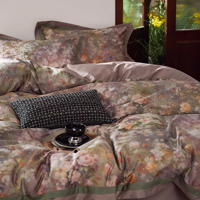 mixinni Vintage Floral Duvet Cover Set - King Size, 100% Long Staple Cotton Percale, Reversible Garden Style Bedding Set with Zipper Closure, 3-Piece Luxury Duvet Cover with 2 Pillow Shams (20"x36")