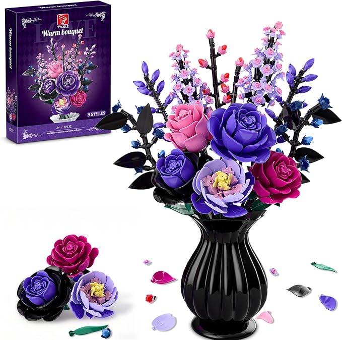 Flowers Bouquet Building Set - Purple Roses Botanical Collection Building Blocks for Adult Women, Artificial Flowers Gothic Home Decor Christmas Birthday Gift for Adults Kids Girls 6-12