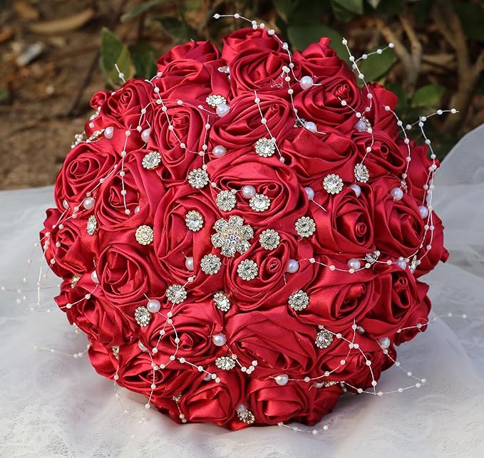 Bridal Wedding Bouquet Round Bling Brooch Bouquet Throw Toss Artificial Rose Flower Bunch for Bride Bridesmaid Wedding Quinceanera(Ruby Red, 7.5")