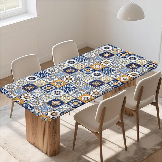 Rectangle Table Cloth Cover Waterproof Elastic Fitted Polyester Fitted Tablecloths for 6 Foot Tables for Indoor,Picnic, Camping, Outdoor （60" x 30"，Bohemian Style）