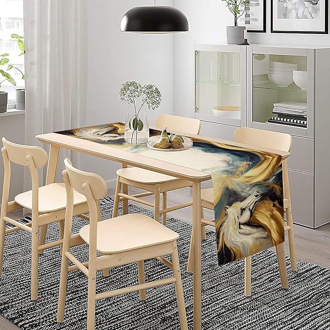 Marble Horse Table Runner, Dark Green Brown Marble Abstract White Horses Gold Natural Texture Dinner Runner Table Decoration for Home Kitchen Dining Holiday Party 13x90in
