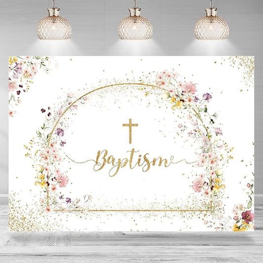 Baptism Backdrop God Bless Floral Golden Dots First Holy Communion Christening Photography Background Baptism Party Decoration Supplies Baby Shower Banner Photo Booth Studio Props 7x5ft