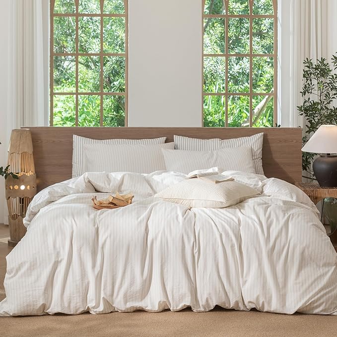 MooMee Striped Duvet Cover Set 100% Washed Cotton Linen Like Textured Breathable Durable Soft Comfy (White Almond Milk Grey Wide Stripes, Alaska King 132"x120")