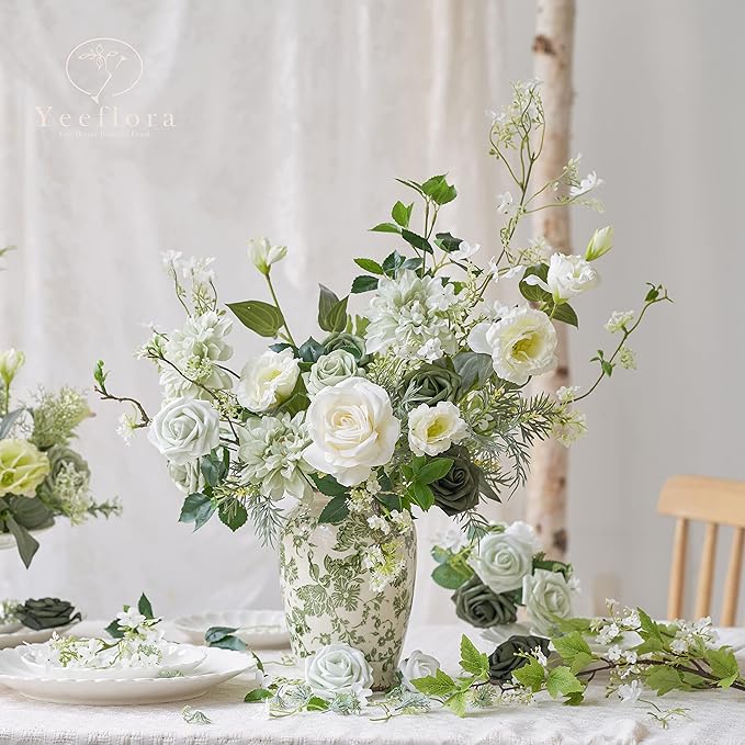 Artificial Flowers, 25pcs Artificial Rose for DIY Wedding Bouquets Centerpieces Arrangements, White Foam Rose with Stem for Bridal Shower Party Home Decorations