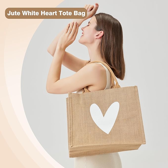 Burlap Tote Bags with Handles Only One White Heart Printed Reusable Jute Gift Bags Waterproof Lining for Valentine's Mother's Day Wedding Bridesmaid Bachelorette Beach Party