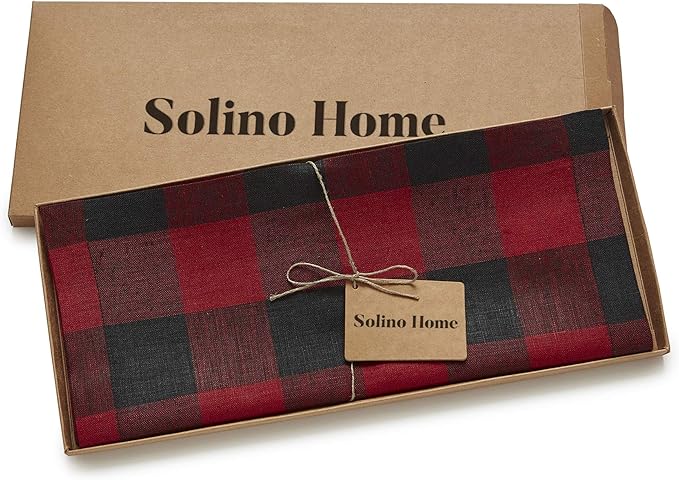 Solino Home Linen Checkered Table Runner 48 Inches - 100% Pure Linen Buffalo Check Red and Black Table Runner 14 x 48 Inch Ideal for Dresser and Coffee Tables - Winter
