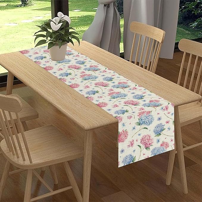 Hydrangea Table Runner, Spring Summer Watercolor Blue Floral Seasonal Country Farmhouse Coffee Table Center Decor for Home Kitchen Dining Patio Holiday Party Table Decorations 13x36 inches