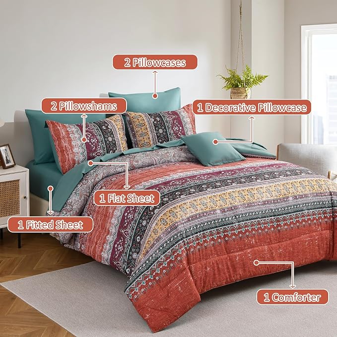 Cottolester Boho Queen Comforter Set 8 Pieces,Orange and Green Bohemian Striped Bed in a Bag,Paisley Soft Microfiber Bedding Comforter Set