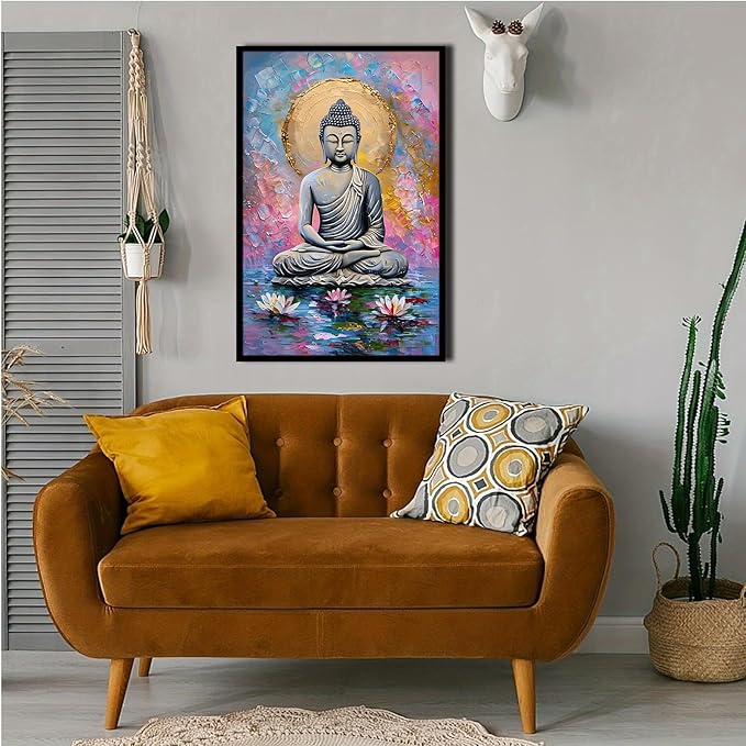 Lotus and golden Buddha meditation tranquil zen wall art mindfulness wall art for spiritual harmony and tranquility decor 20x30in Metal blackFramed