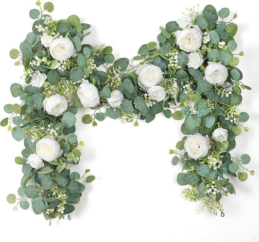 SOMYTING 2 Pack 13FT Flower Garland, Artificial Rose Vine Fake Flower Garland Silk Rose Peony Hanging Vine Faux Floral Vine for Wedding Party Arch Table Wall Backdrop Decoration (White)