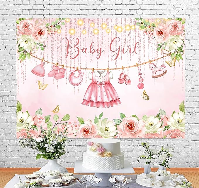 InMemory Baby Girl Baby Shower Backdrop Pink Floral Baby Shower Decorations,Glitter Rose Gold Babys Clothes Photography Background It's a Sweet Baby Girls Shower Party Banner PhotoBooth Supplies 5x3ft