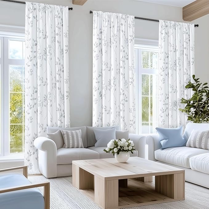 Beauoop Floral 100% Blackout Curtains 84 Inches Long 2 Panels for Bedroom Living Room Grey White Flower Patterned Room Darkening Thermal Insulated Soundproof Rod Pocket Back Tab Window Drapes, 52X84