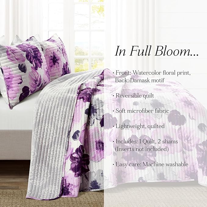 Lush Decor Leah Reversible Floral Quilt Set, 3 Piece Set, King, Gray & Purple - Watercolor Botanical - Cottage Core - French Country Decor- Bedding Queen Size