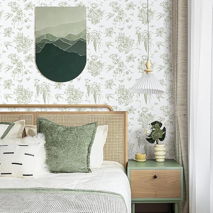 Floral Birds Wallpaper Peel and Stick Green and White Contact Paper 16.9”x 196.8” Vintage Floral Self Adhesive Removable Wallpaper Green Flower Contact Paper for Bathroom Kitchen Decor