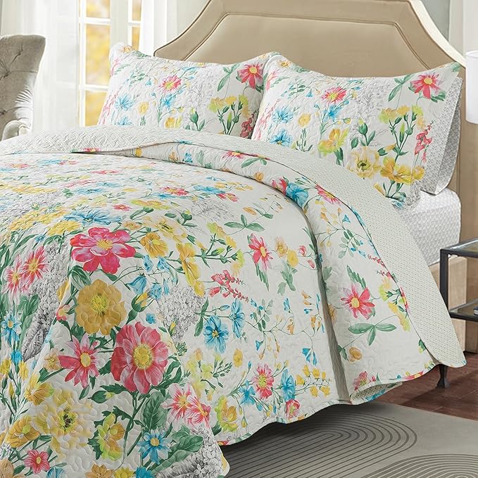 Travan Floral Quilt Queen Quilt Set, Ultra Soft Reversible Microfiber Queen Quilt Bedding Set with 1 Quilt Set and 2 Shams Yellow Flower Coverlet Set for All Season, Coreopsis-Yellow, King