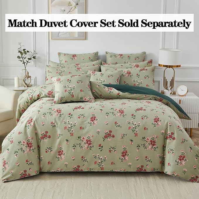 FADFAY King Size Sheet Set 100% Cotton Sage Green Bed Sheets, French Country Red Rose Floral Pattern, Soft Cool Luxury Bedding, Shabby Vintage Style, 4 Pieces Deep Pocket Fitted Sheet