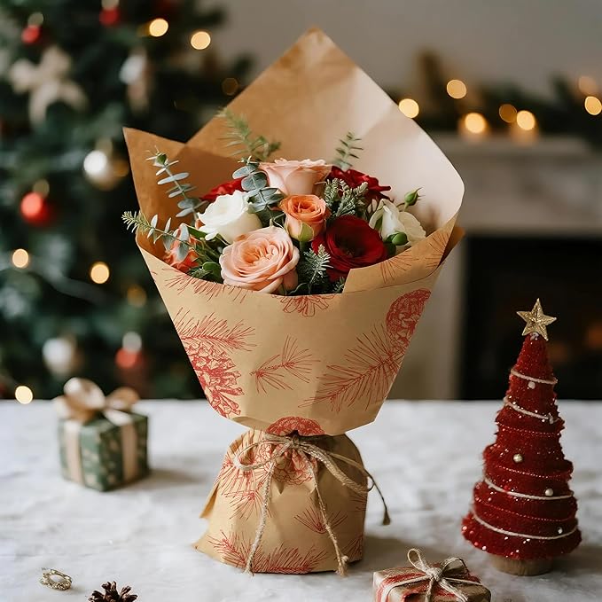 LeZakaa 20 Sheets Kraft Christmas Flower Wrapping Paper, Red Pinecone and Branches on Kraft Floral Bouquet Paper Gift Wrap for Christmas Party Packaging, Winter Woodland-themed Holiday decor
