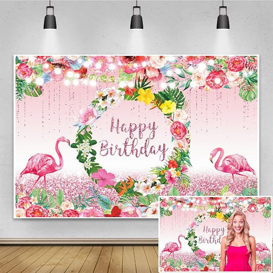 Renaiss 9x7ft Happy Birthday Backdrop Pink Flamingo Tropical Leaves Flower Hoop Winkle Hawaiian Photography Background Luau Aloha Party Decor Girls Birthday Photo Props Dessert Gift Table Banner