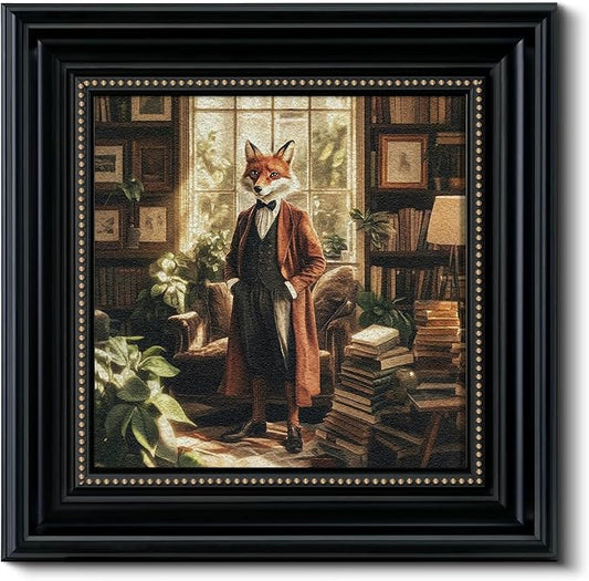 Vintage 3D Textured Fox Duke Scholar Framed Wall Art 16x16, Anthropomorphic Animal Portrait Sandstone Panel Print Artwork, Rustic Retro Farmhouse Living Room Bedroom Study Gallery Home Decor