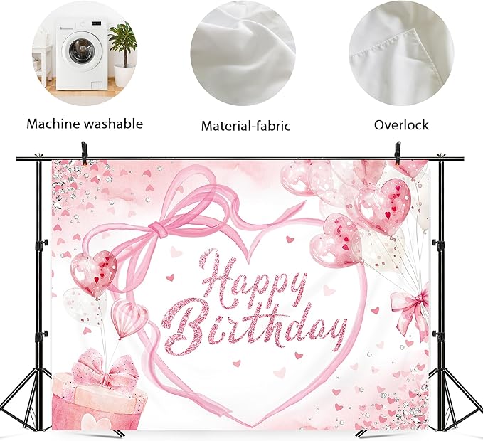 Coquette Happy Birthday Backdrop 8Wx6H Photography Pink Bow Heart Balloons Preppy Diamonds Sweet Princess Background for Girls Bachelorette Party Decorations Banner Photo Booth Props Supplies