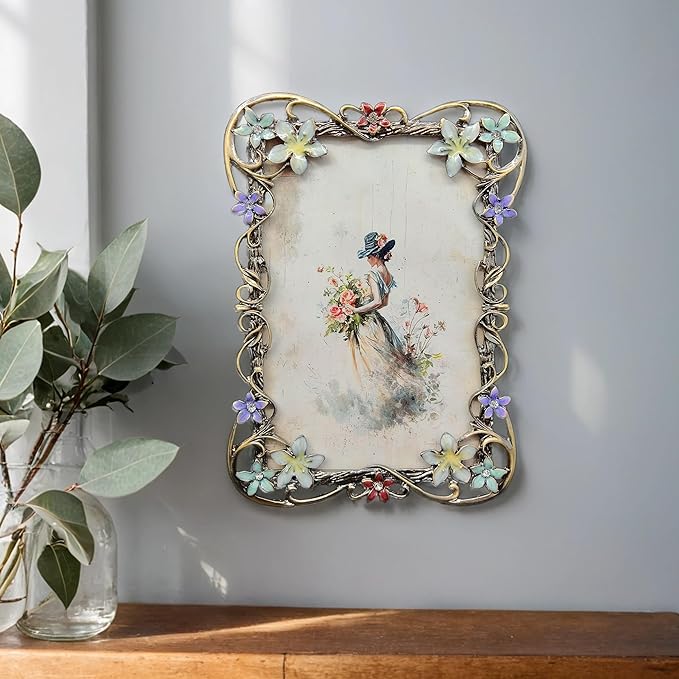 Vintage 5X7 Floral Picture Frames Luxury Unique Ornate Antique Metal Photo Frame of HD Glass for Tabletop/Wall Display Gifts for Women (Retro Colored Flowers)