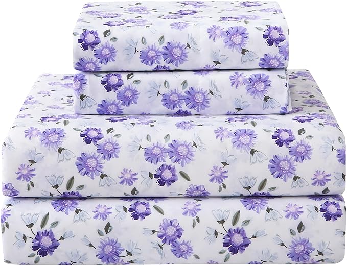 Softan Puple Floral Twin Sheet Set, 3-Piece Microfiber Printed Fitted Sheet with 15" Deep Pockets & Non-Slip Straps, White Flower Patterned Single Bedding Sheets & Pillowcase Set