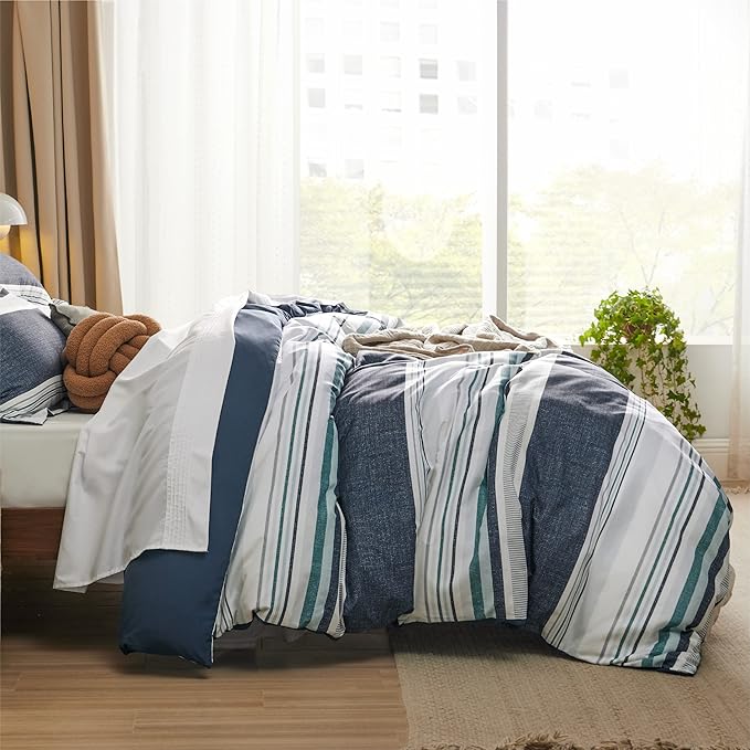 Bedsure Duvet Cover Queen Size - Reversible Striped Duvet Cover Set with Zipper Closure, 3 Pieces Blue Bedding Set with 8 Corner Ties and 2 Pillow Shams 20"x26"