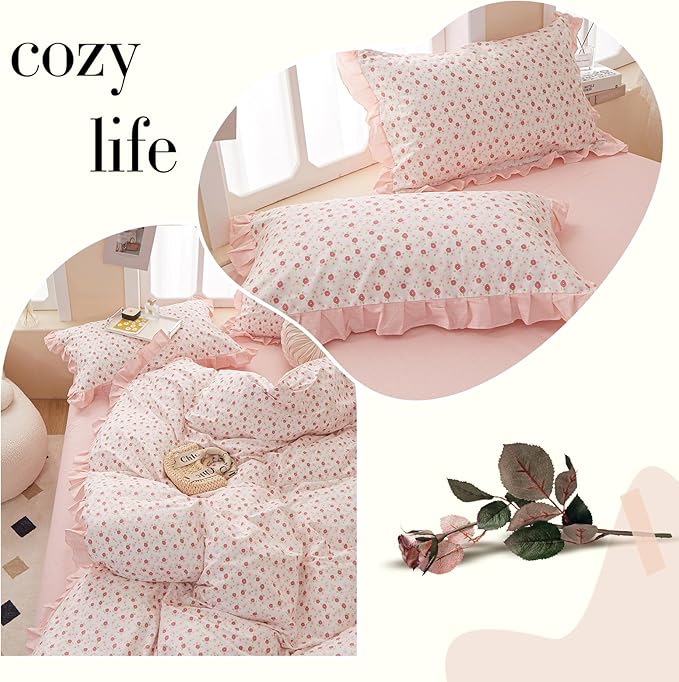 VM VOUGEMARKET 3 Pieces Ruffled Comforter Set with Pink Flower Pattern,1 Pink Striped Lace Comforter with 2 Pillow Shams for Teen Girls-68 x90,Twin XL