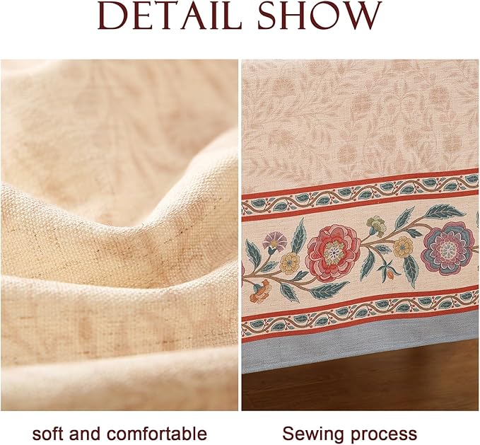 Beige Linen Rectangle Extra Long Tablecloth,Vintage Indian Style Soft and Colorfast Floral Tablecloths,Decor Table Cover for Kitchen,Dining,Thanksgiving,63"*110"-Flowershadow E