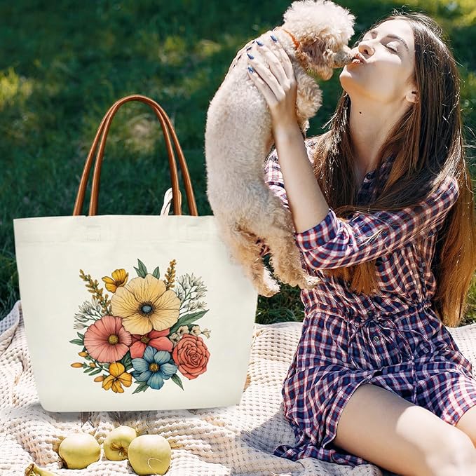 Floral Canvas Tote Bag For Women, Flower Tote Bags for Grocery Shoulder Bag for Work Beach Travel Gym, Beach Bag Shopping Handbag Motivational Gifts Birthday Gifts for Mom Teacher Friends -11