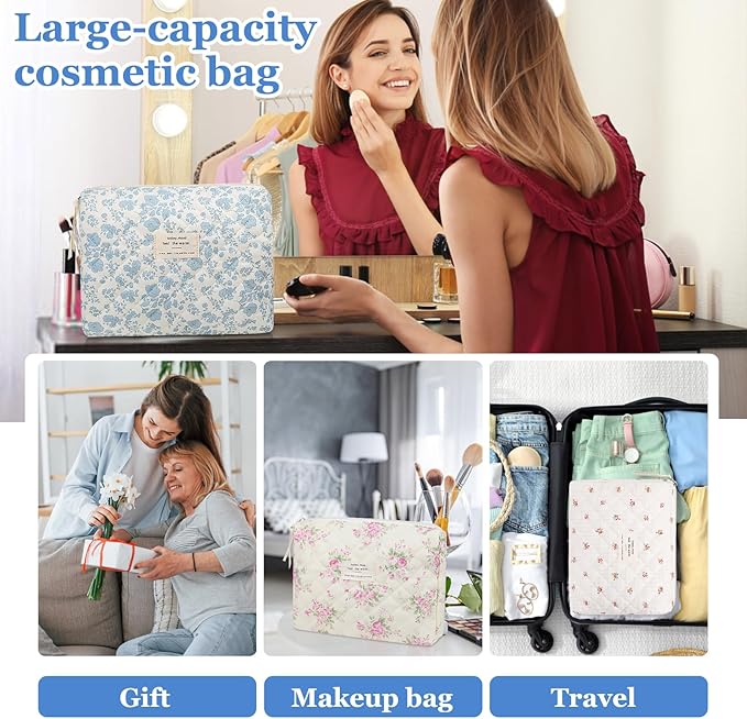 2PC Makeup Bag Set, Cute Cosmetic Bag for Women Girls, Floral Coquette Aesthetic Toiletry Bag, Travel Make Up Organizer Bag (White Blue Butterfly Flower)