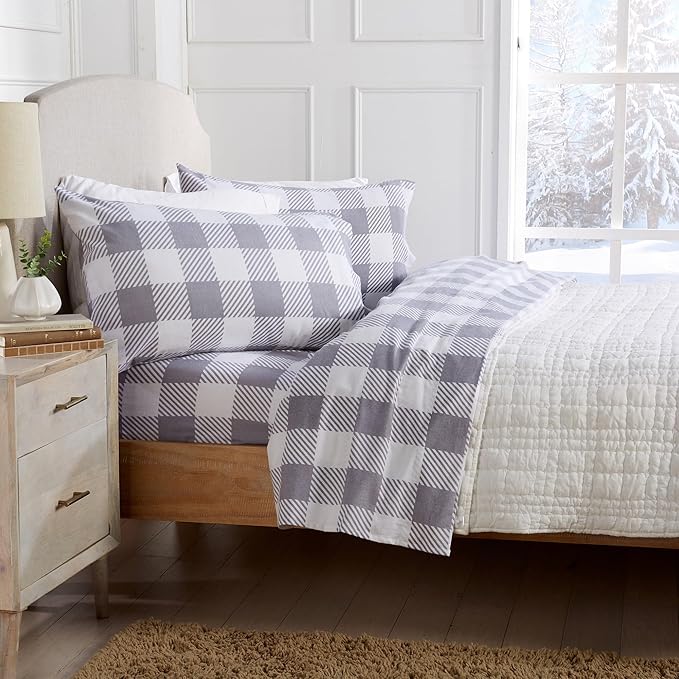 Market & Place 100% Turkish Cotton Flannel Sheet Set | 4 Piece Deep Pocket Novelty Cozy Winter Bed Sheets | Double Brushed for Extra Softness & Comfort | Queen, Buffalo Check Grey