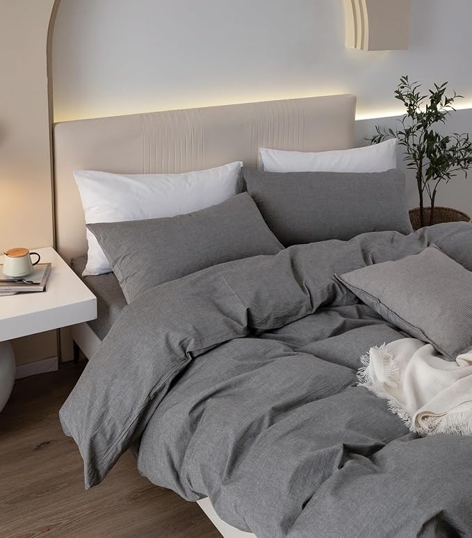 JIYUAN 100% Washed Cotton Duvet Cover Set 3 PCS Oversized King Plus, 1 Duvet Cover 128"x120"(Comforter Not Included) and 2 Pillowcases,Linen Feel Bedding Set Comfy and Breathable,Heathered Dark Grey