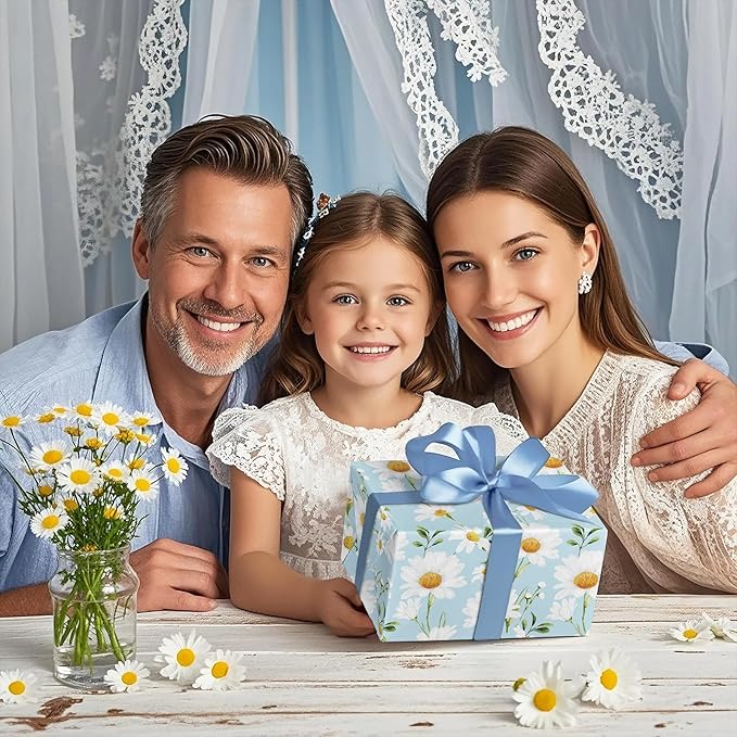 LeZakaa Daisy Wrapping Paper Roll for Girls Women, Light Blue Daisy Fresh CheerfuDesign, for Spring Summer Baby Shower, Bridal Shower, Mini Roll 17 in x 16.4 Ft