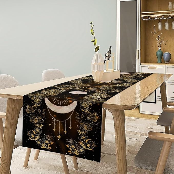 Boho Floral Table Runner, Spring Gothic Moon Phase Wildflower Mystical Witchy Farmhouse Coffee Table Center Decor for Home Kitchen Dining Patio Holiday Party Table Decorations 13x90 inches