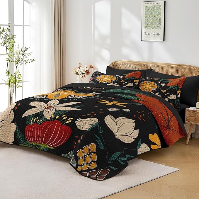 Quilt Set King Size, Black Tropical Floral 3 Pcs Soft Bed Cover Bedding Set, Farmhouse Botanical Lightweight Bedspread Coverlet with 2 Pillow Sham for All Season