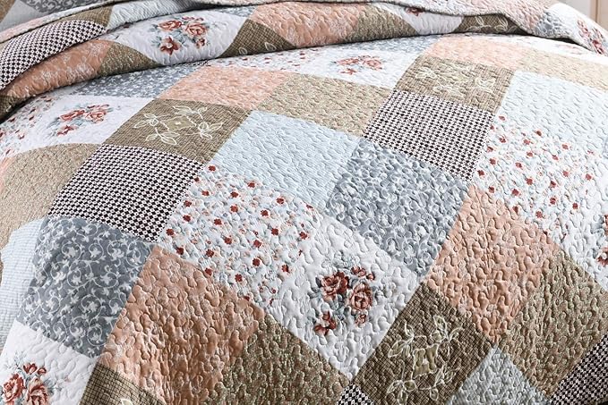 Travan 3-Piece King Quilt Set Quilted Bedspread Lightweight Reversible Coverlet Set Floral Printed Quilted Bedding Set with Shams for All Season, Brown Floral, King Size