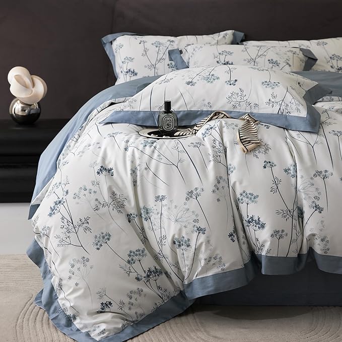 HighBuy Cute Blue Floral Duvet Cover Twin Boho Floral Cotton Soft Girl Twin Comforter Cover Cottagecore Flowers Plant Pattern Luxury Bedding Set,1 Duvet Cover 68x86,2 Pillowcases for Women Teen