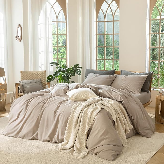 MooMee Bedding Duvet Cover Set 100% Washed Cotton Linen Like Textured Breathable Durable Soft Comfy (Heathered Taupe, Palatial King/Oversized King 120"x98")