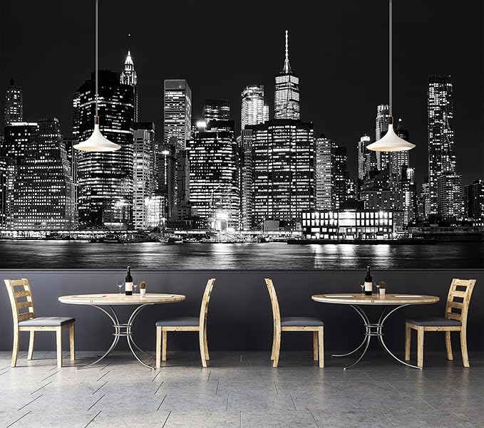 Black City Wallpaper Peel and Stick New York Night Scene Self Adhesive Wall Mural for Living Room Bedroom 137"x100"