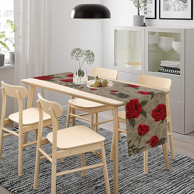 Red Rose Print Table Runner, Romantic Vintage Rose Spring Summer Dinner Runner Table Decoration for Home Kitchen Dining Holiday Wedding Party 13x90in