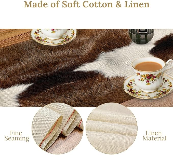 Cow Skin Print Table Runner Farmhouse Western White Brown Cowhide Rustic Cottage Country Seasonal Spring Fall Kitchen Dining Table Decoration for Home Party Dinner 13x36cm