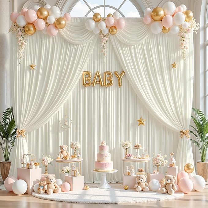 gogoparti 40ft x 12ft Ivory Wrinkle-Free Backdrop Curtain for Wedding Parties, Thick Polyester 8 Panels 5x12ft for Wedding Birthday Baby Shower Halloween Photography Party Background