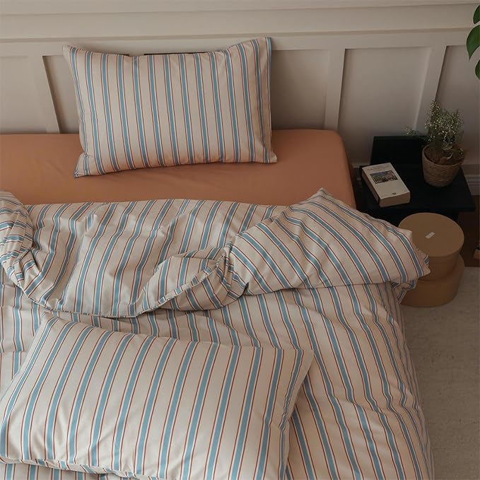 LifeTB Striped Comforter Set Queen Size, Fluffy Soft Blue Brown Stripes Pattern Printed Bedding Set, 3 Pieces Lightweight Bedding Comforter Set, Breathable Striped Bed Comforter with 2 Pillowcases
