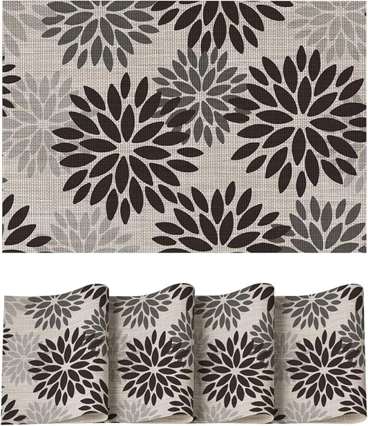 Artoid Mode Floral Vinyl Halloween Placemats Set of 4, Heat Resistant Washable Non-Slip Plastic PVC Place Mats for Party Kitchen Dining Decor, Black